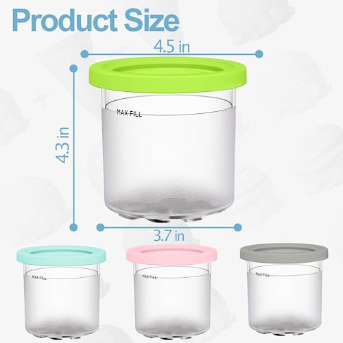 Fitchi Ice Cream Pint Containers Replacement for Ninja Creami Pints and Lids - 4 Pack, Compatible with NC300 & NC301 & NC299AMZ Series, Leakproof, and Dishwasher Safe, Pink/Green/Grey/Blue