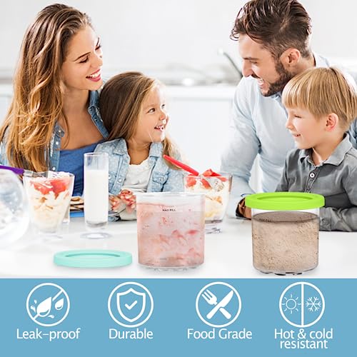 Fitchi Ice Cream Pint Containers Replacement for Ninja Creami Pints and Lids - 4 Pack, Compatible with NC300 & NC301 & NC299AMZ Series, Leakproof, and Dishwasher Safe, Pink/Green/Grey/Blue