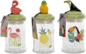 glass canister jars with tropical ceramic tops - set of 3 assorted styles, 7.28"