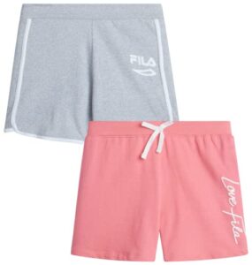 fila girls' active shorts - 2 pack french terry sweat shorts - gym running performance athletic shorts (7-16), size 14-16, coral pink/grey