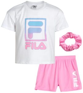 fila girls' active shorts set - 2 piece short sleeve crop t-shirt and gym shorts for girls - kids athletic clothing set, 7-12, size 10, pink/white