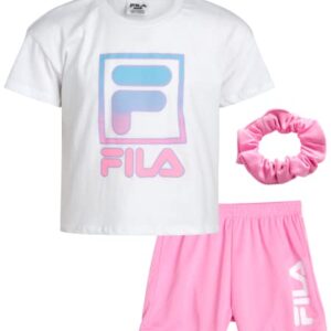 Fila Girls' Active Shorts Set - 2 Piece Short Sleeve Crop T-Shirt and Gym Shorts for Girls - Kids Athletic Clothing Set, 7-12, Size 10, Pink/White