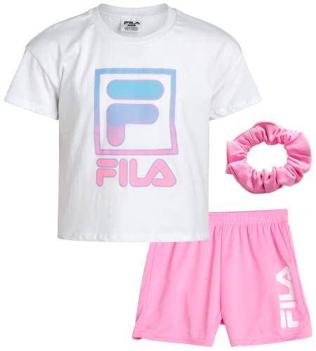 Fila Girls' Active Shorts Set - 2 Piece Short Sleeve Crop T-Shirt and Gym Shorts for Girls - Kids Athletic Clothing Set, 7-12, Size 10, Pink/White