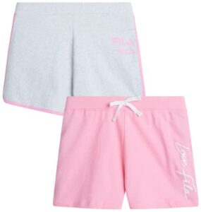 fila girls' active shorts - 2 pack french terry sweat shorts - gym running performance athletic shorts (7-16), size 7-8, light pink/light grey