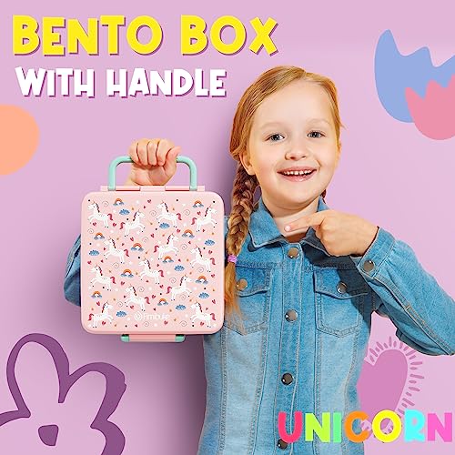 Fimibuke Bento Lunch Box for Kids - Leak Proof Toddler Bento Box with 4 Compartments BPA Free Dishwasher Safe Lunch Container with Utensils, Ideal Portion Sizes for Ages 3-12 Girls Boys for School