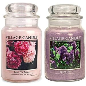 village candle fresh cut peony large glass apothecary jar scented candle, 21.25 oz, light pink & spring lilac, large glass apothecary jar scented candle, 21.25 oz, purple