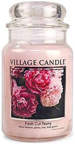 Village Candle Fresh Cut Peony Large Glass Apothecary Jar Scented Candle, 21.25 oz, Light Pink & Spring Lilac, Large Glass Apothecary Jar Scented Candle, 21.25 oz, Purple