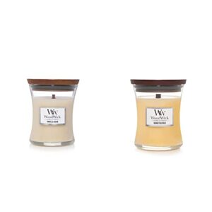 woodwick vanilla bean medium hourglass candle, 9.7 oz& honeysuckle medium hourglass candle, 9.7 oz.