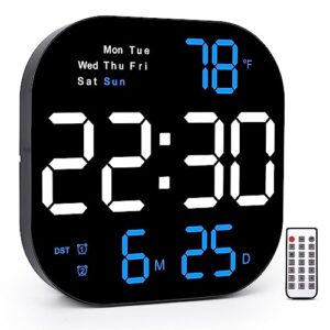 large digital wall clock, 10.55" led display, automatic brightness dimmer big clock with remote, square alarm clock for living room decor