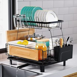 dish drying rack for kitchen counter, large 2 tier rustproof stainless steel dish drainers with drainboard & rotatable drain spout, include removable utensil holder, cutting board holder and cup rack