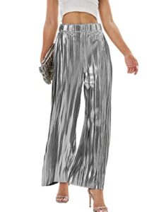 heipeiwa women's shiny pleated wide leg pants party nightout high elastic waist trouser outfit clubwear silver