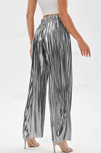 heipeiwa Women's Shiny Pleated Wide Leg Pants Party Nightout High Elastic Waist Trouser Outfit Clubwear Silver