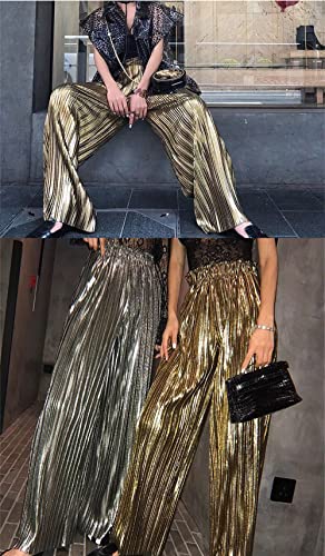 heipeiwa Women's Shiny Pleated Wide Leg Pants Party Nightout High Elastic Waist Trouser Outfit Clubwear Silver