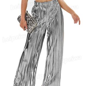 heipeiwa Women's Shiny Pleated Wide Leg Pants Party Nightout High Elastic Waist Trouser Outfit Clubwear Silver