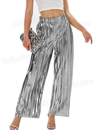 heipeiwa Women's Shiny Pleated Wide Leg Pants Party Nightout High Elastic Waist Trouser Outfit Clubwear Silver