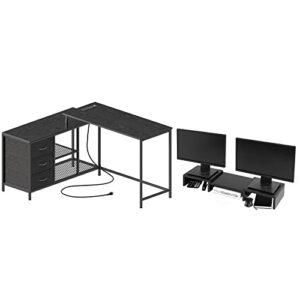 superjare l shaped desk with power outlets and dual monitor stand riser
