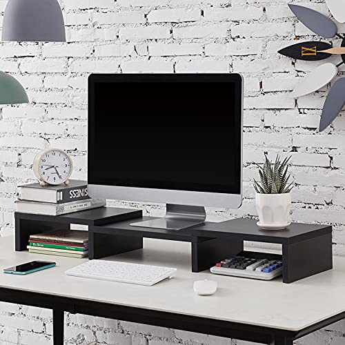 SUPERJARE L Shaped Desk with Power Outlets and Dual Monitor Stand Riser