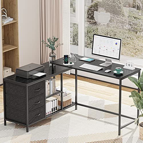 SUPERJARE L Shaped Desk with Power Outlets and Dual Monitor Stand Riser