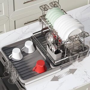 z&l house dish drying rack for kitchen counter, upgraded 2 tier expandable dish dryer rack create more space, large dish rack with automatic drainer, durable metal dishrack for kitchen gray
