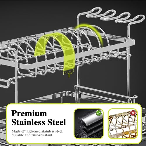 Z&L HOUSE Dish Drying Rack for Kitchen Counter, Upgraded 2 Tier Expandable Dish Dryer Rack Create More Space, Large Dish Rack with Automatic Drainer, Durable Metal Dishrack for Kitchen Gray