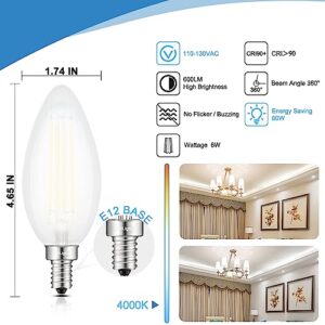 CRLight 6W 4000K LED Candelabra Bulb Daylight White, 60W Equivalent 600 LM Dimmable E12 LED Candle Bulbs, Lengthened & Enlarged B17 Frosted Torpedo Shape Chandelier Light Bulbs, 8 Pack