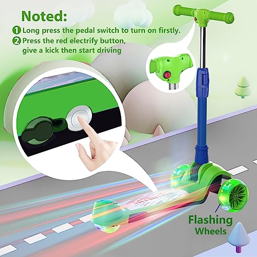 MooguUeer Kids Electric Scooter Foldable 3 Wheel Scooter for Kids Ages 3-8 with Knee Pads, Thumb Accelerator, Lean-to Steer, Flashing Wheels, 5 MPH Safe Speed, Best Gift for Children (Green)
