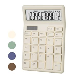 calculators desktop, large display solar and battery power, aesthetic office supplies, 12 digit small basic standard functional desk calculator cute for office, home, school (beige)
