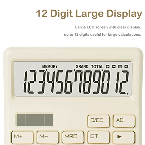 Calculators Desktop, Large Display Solar and Battery Power, Aesthetic Office Supplies, 12 Digit Small Basic Standard Functional Desk Calculator Cute for Office, Home, School (Beige)