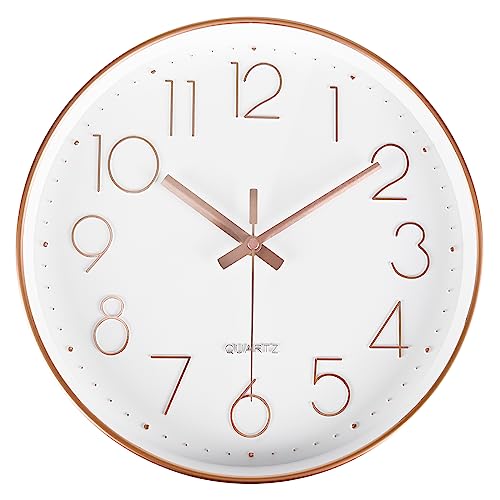 Yoiolclc Wall Clock Battery Operated Non-Ticking Modern Analog Wall Clocks for Living Room, Kitchen, School (12Inch, Rose Gold)