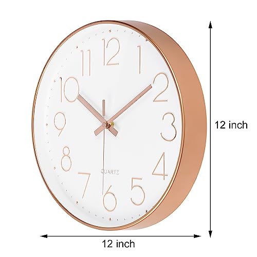 Yoiolclc Wall Clock Battery Operated Non-Ticking Modern Analog Wall Clocks for Living Room, Kitchen, School (12Inch, Rose Gold)