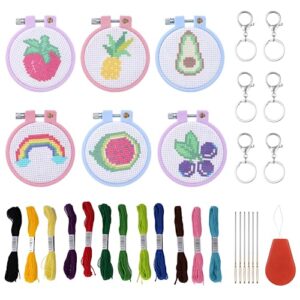 joyibay 6pcs 3'' cross stitch embroidery kits for kids, cross stitch beginner for handicraft, fruit patterns diy handmade pendant hoops for kids manual backpack decoration with chains