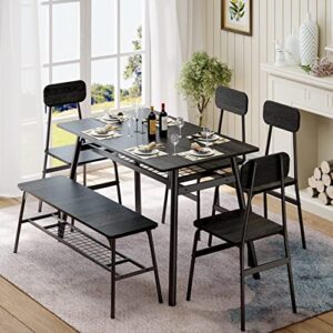 gizoon dining table set for 6, 6-piece kitchen table and chairs, dining room table set with bench, storage rack for small space, home, apartment, black