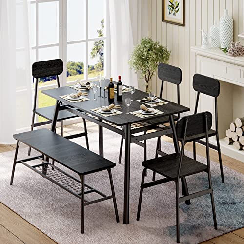 Gizoon Dining Table Set for 6, 6-Piece Kitchen Table and Chairs, Dining Room Table Set with Bench, Storage Rack for Small Space, Home, Apartment, Black