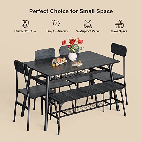 Gizoon Dining Table Set for 6, 6-Piece Kitchen Table and Chairs, Dining Room Table Set with Bench, Storage Rack for Small Space, Home, Apartment, Black