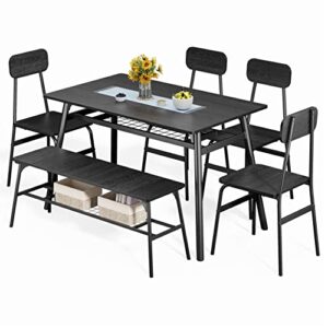 Gizoon Dining Table Set for 6, 6-Piece Kitchen Table and Chairs, Dining Room Table Set with Bench, Storage Rack for Small Space, Home, Apartment, Black