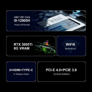 [Mini Gaming PC] Mini PC Intel 12th i9-12900H, 14cores 20Threads Max to 5.0GHZ, Nvidia RTX3050Ti 8G Vram Mini Gaming Desktop Computer, 32G RAM 1TB PCIE 4.0 3x4K Output Windows 11Pro Auto Power on