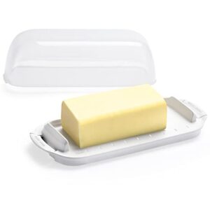 butter dish with clear lid, butter container holds for countertop, unbreakable butter keeper for home kitchen decor, perfect for east/west coast butter, bpa-free, microwave/dishwasher safe (white)