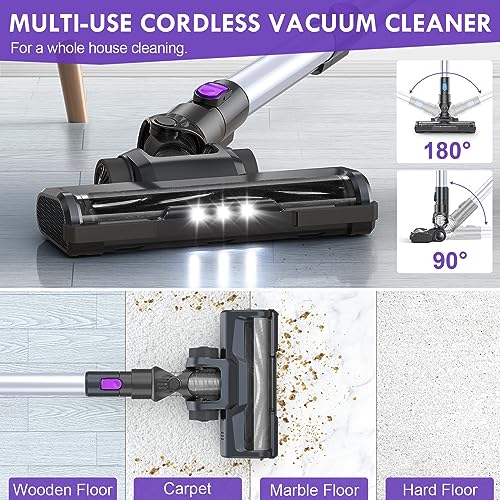 EICOBOT Cordless Vacuum Cleaner,20000Pa Powerful Cordless Vacuum,35 Mins Runtime,Detachable Battery,1.5L Dust Cup,6 in 1 Lightweight Quiet Stick Vacuum Cleaner for Hardwood Floor Pet Hair,Car,Grape