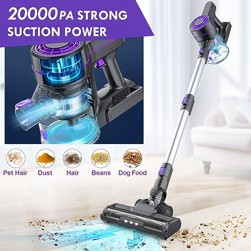 EICOBOT Cordless Vacuum Cleaner,20000Pa Powerful Cordless Vacuum,35 Mins Runtime,Detachable Battery,1.5L Dust Cup,6 in 1 Lightweight Quiet Stick Vacuum Cleaner for Hardwood Floor Pet Hair,Car,Grape