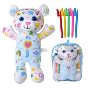 drawmytoy coloring plush toy with 5 washable markers for little girls doodle dolls for kids ages 4-6 birthday (pants bear)