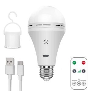 usb c rechargeable light bulb with remote control, 7w battery powered light bulbs e26 touch control dimmable led bulb with timing function, outdoor camping emergency light bulb with hook,6500k/1 pack