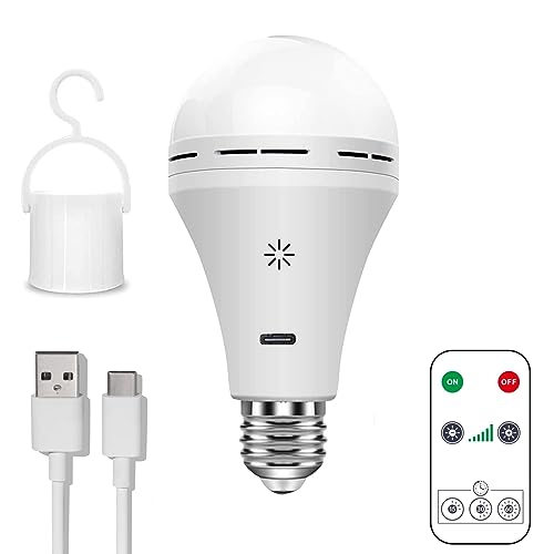 USB C Rechargeable Light Bulb with Remote Control, 7W Battery Powered Light Bulbs E26 Touch Control Dimmable LED Bulb with Timing Function, Outdoor Camping Emergency Light Bulb with Hook,6500K/1 Pack