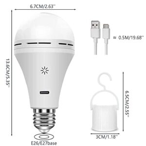 USB C Rechargeable Light Bulb with Remote Control, 7W Battery Powered Light Bulbs E26 Touch Control Dimmable LED Bulb with Timing Function, Outdoor Camping Emergency Light Bulb with Hook,6500K/1 Pack