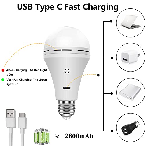 USB C Rechargeable Light Bulb with Remote Control, 7W Battery Powered Light Bulbs E26 Touch Control Dimmable LED Bulb with Timing Function, Outdoor Camping Emergency Light Bulb with Hook,6500K/1 Pack