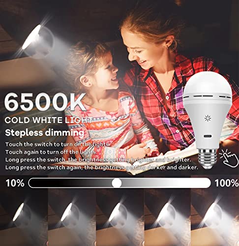 USB C Rechargeable Light Bulb with Remote Control, 7W Battery Powered Light Bulbs E26 Touch Control Dimmable LED Bulb with Timing Function, Outdoor Camping Emergency Light Bulb with Hook,6500K/1 Pack