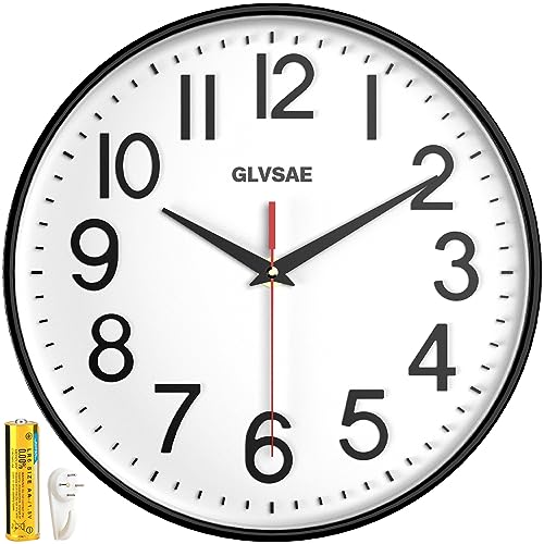 GLVSAE Wall Clock 12 Inches Non-Ticking Wall Clocks Battery Operated Non Ticking Large Easy to Read with Stereoscopic Dial Ultra-Quiet Movement Quartz for Office Classroom School Home Bedroom Kitchen