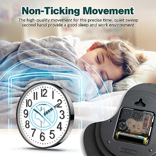 GLVSAE Wall Clock 12 Inches Non-Ticking Wall Clocks Battery Operated Non Ticking Large Easy to Read with Stereoscopic Dial Ultra-Quiet Movement Quartz for Office Classroom School Home Bedroom Kitchen