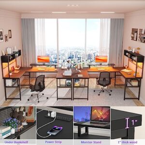 Unikito U Shaped Desk with Hutch, Reversible L Shaped Computer Desk with Power Outlets and LED Strip, Large Office Table with Monitor Stand and Storage Shelves, 83 Inch U Shape Gaming Desk, Black