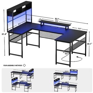 Unikito U Shaped Desk with Hutch, Reversible L Shaped Computer Desk with Power Outlets and LED Strip, Large Office Table with Monitor Stand and Storage Shelves, 83 Inch U Shape Gaming Desk, Black