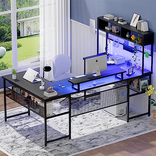 Unikito U Shaped Desk with Hutch, Reversible L Shaped Computer Desk with Power Outlets and LED Strip, Large Office Table with Monitor Stand and Storage Shelves, 83 Inch U Shape Gaming Desk, Black